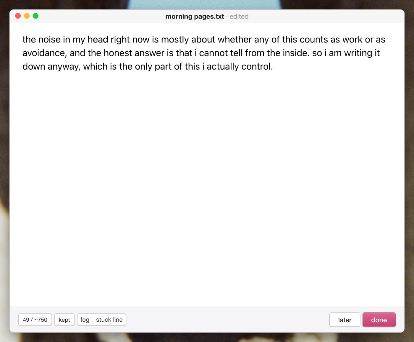 The writing window shows a morning-pages entry, a word count, and a kept indicator.