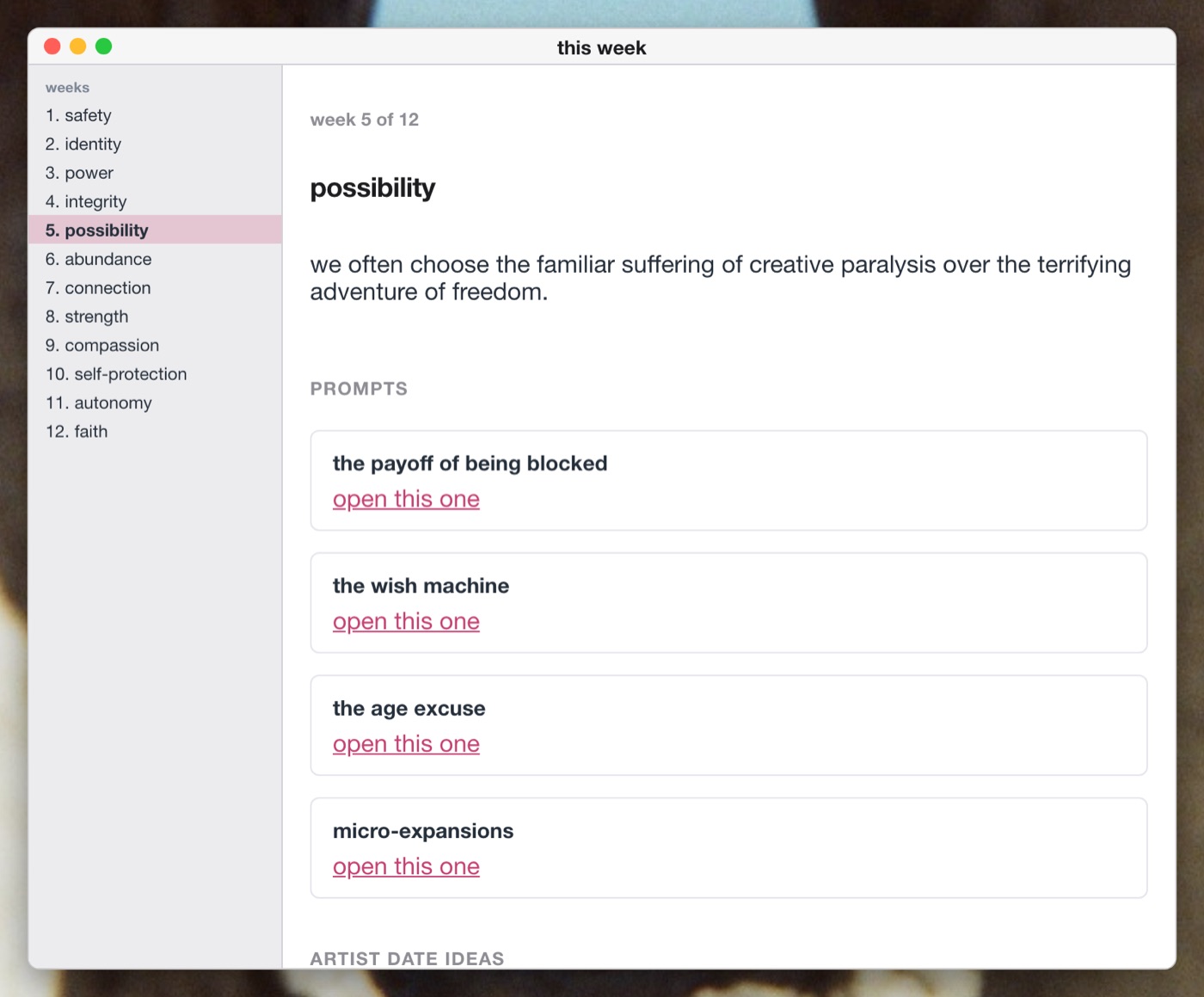 The week view shows a twelve-week sidebar and prompts for week five.