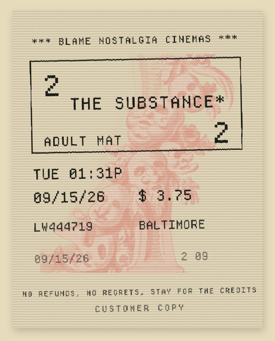 Close-up of the ticket: pale paper with horizontal scan lines, a boxed film title, showtime, price, and a customer copy line.