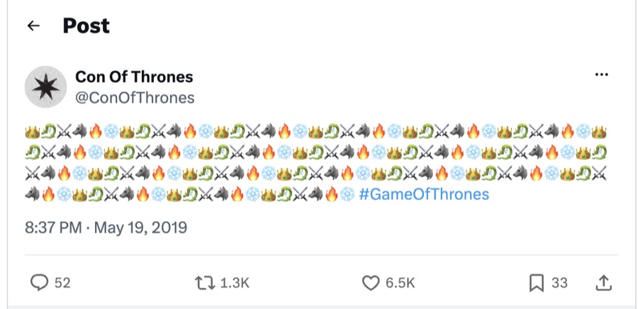 Con of Thrones tweet, May 19, 2019: rows of repeating crown, dragon, swords, wolf, fire, and snowflake emoji ending in #GameOfThrones