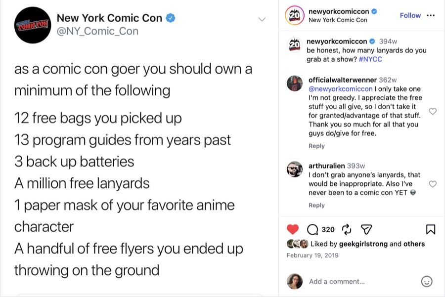 NYCC Instagram post listing the things every con-goer accumulates: free bags, program guides, backup batteries, lanyards