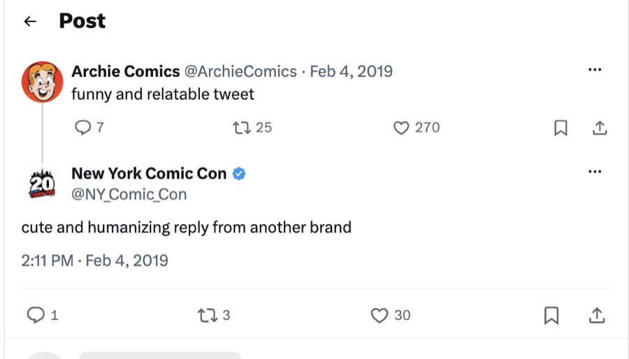 NYCC's reply to an Archie Comics tweet