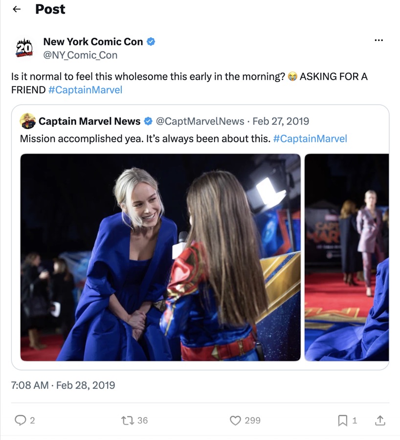 NYCC tweet replying to a Captain Marvel premiere moment: "Is it normal to feel this wholesome this early in the morning?"